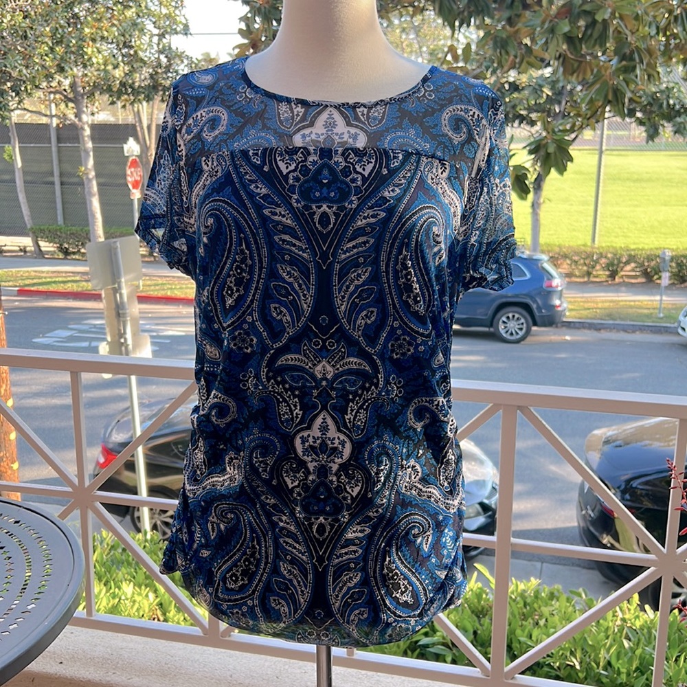 INC International Concepts Teal Paisley Mesh Top with Gathered Sides XXL